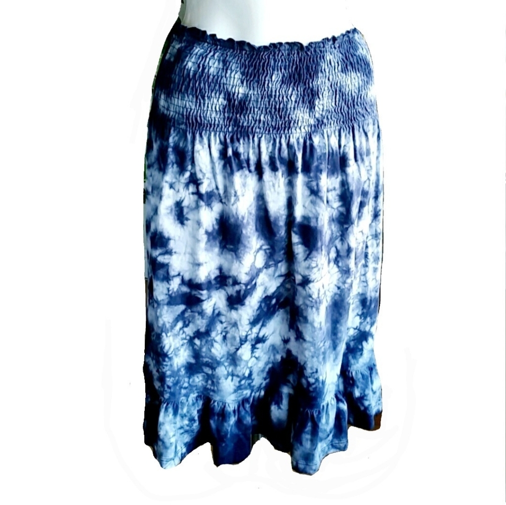 Fresh Brewed Blue Tie Dye Cotton Pull On Skirt Elastic Smocked Waist Size Small